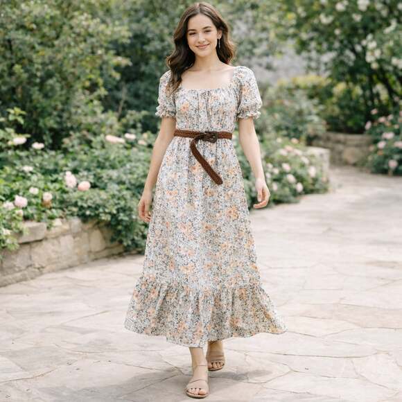 WallFlower Dresses & Skirts - WallFlower Floral Chiffon Maxi Dress Puff Sleeve Belted Juniors Medium